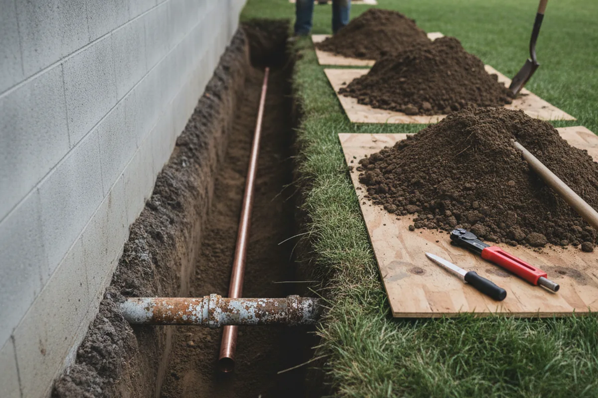 Excavated water line trench during Water Softener Installation in Hadley